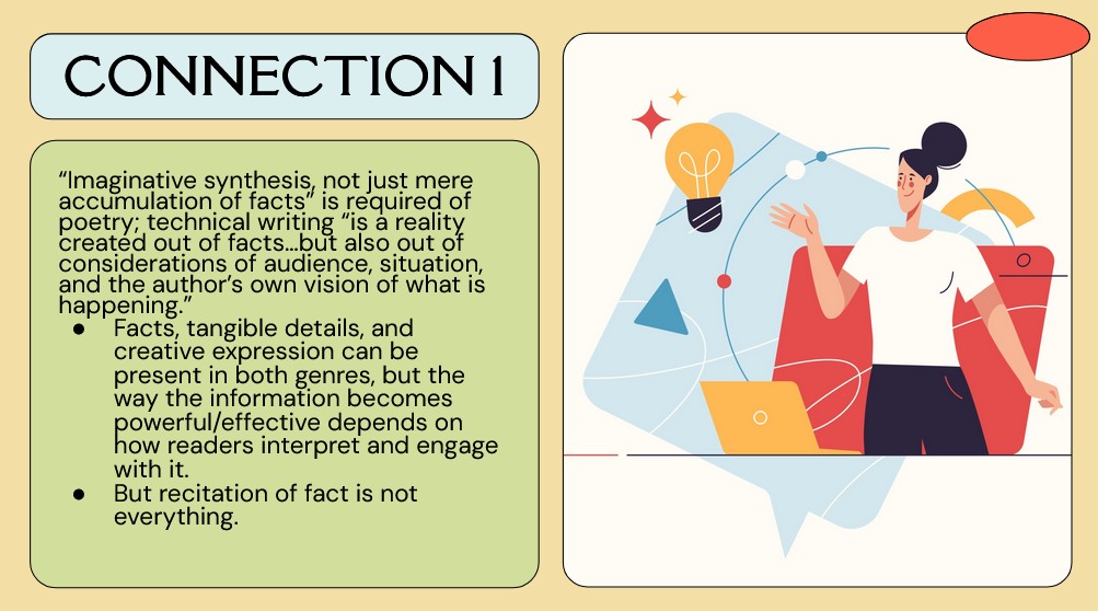 One of the slides from my presentation on the topic of technical writing, poetry, and power. This slide demonstrates the first of three connections between the two genres, with this connection based on rhetorical situation and analysis.