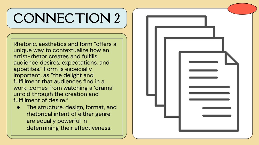 One of the slides from my presentation on the topic of technical writing, poetry, and power. This slide demonstrates the second of three connections between the two genres, with this connection based on the structure, design, and format of either genre (in tandem with rhetorical situation).