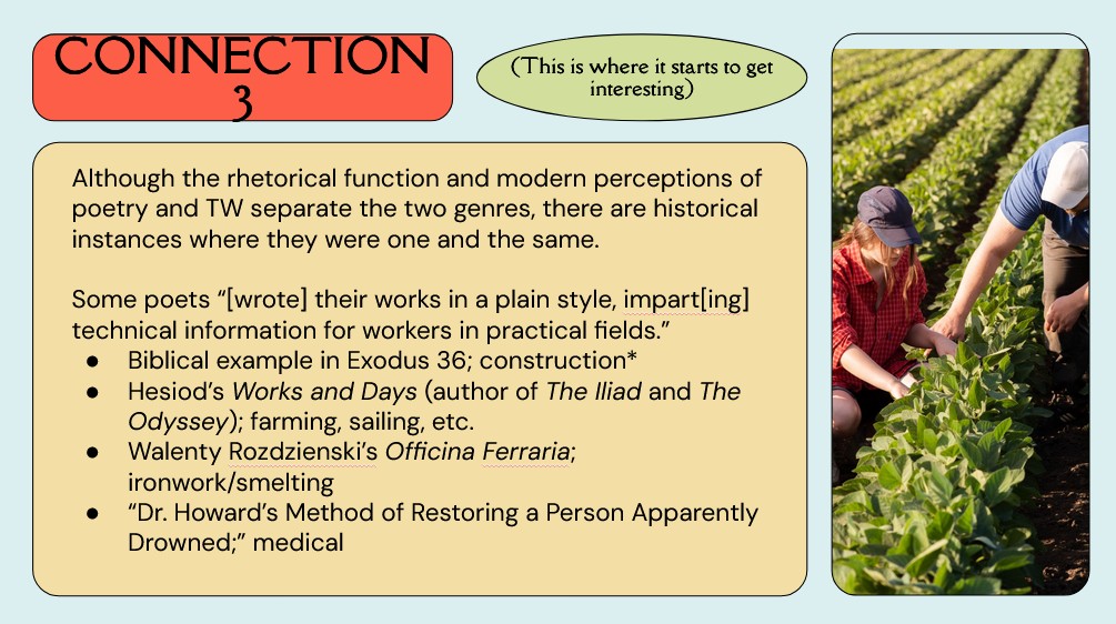One of the slides from my presentation on the topic of technical writing, poetry, and power. This slide demonstrates the last of three connections between the two genres, with this connection based on historical instances where the goals of technical writing and poetry were the same. Two more slides followed this one, expanding on their accessibility and overlapping literary conventions.